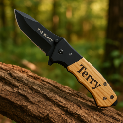 The Beast Folding Knife – Custom Laser Engraved Wood Handle | Dawg Gone Gifts