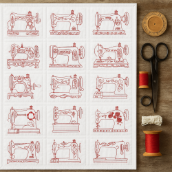 Redwork Embroidered Quilt Blocks – Vintage Sewing Machines (Set of 12)