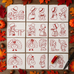 Thanksgiving Redwork Quilt Blocks – Sunbonnet & Turkey Embroidery Set (12 pcs)
