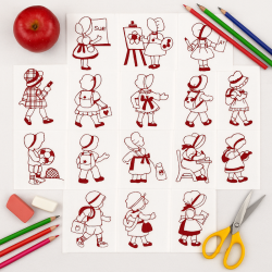 Back to School Redwork Quilt Blocks – Vintage Embroidery Set of 12