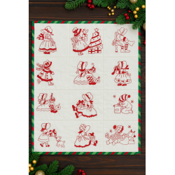 Very Merry Sunbonnet Redwork Christmas Quilt Blocks – Set of 12