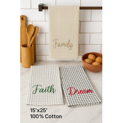Embroidered Kitchen Towel Set – Faith, Family & Dream – 3pc Cotton