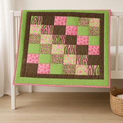 Handmade Baby Quilt – Pink, Lime Green & Brown Cotton Patchwork | 35" x 25" | Southern Quilt