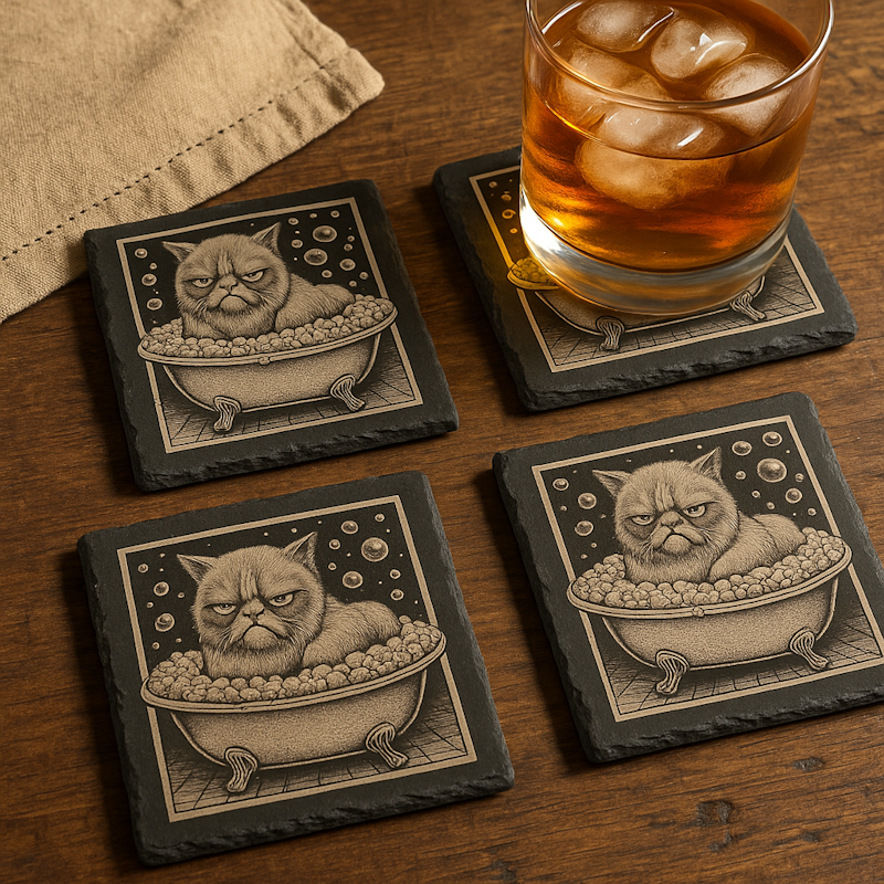 Laser Engraved Slate Coasters – Grump Cat Bubble Bath – Southern Gift Set of 4 (4x4)