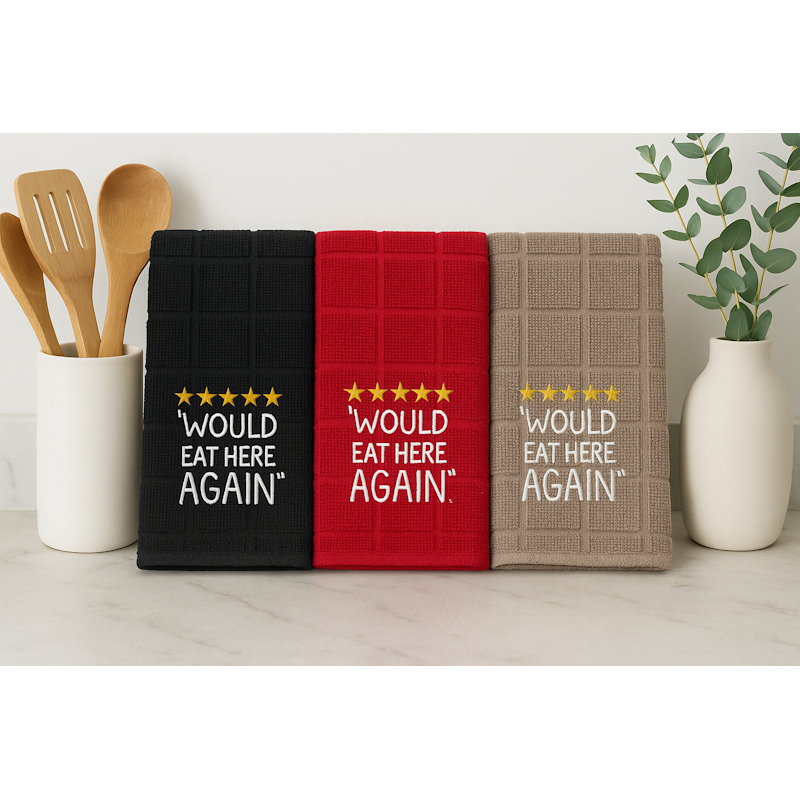 Would Eat Here Again” Embroidered Kitchen Towel – Funny Southern Dish Towel | Dawg Gone Gifts