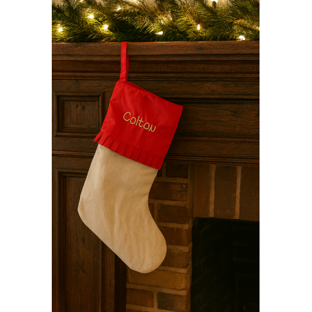Personalized Embroidered Christmas Stocking | Burlap & Red Satin Holiday Stocking with Name