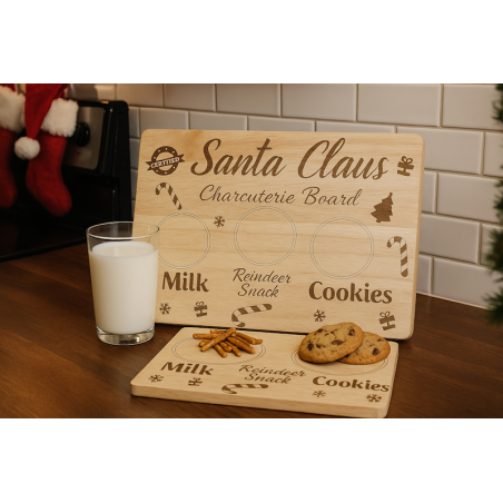 Santa Claus Charcuterie Board | Laser Engraved Christmas Eve Milk & Cookies Tray | Rubber Wood Cutting Board Gift