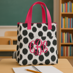 Personalized Insulated Lunch Bag – Black & White with Pink Handles