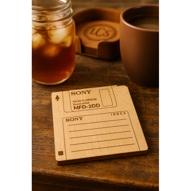Retro Floppy Disk Wooden Coaster – Laser Engraved Sony MFD-2DD | Cork Backed