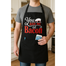 “You Had Me at Bacon” Embroidered Black Apron – Waterproof BBQ & Kitchen Apron with Pockets