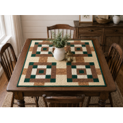 Handmade Machine-Quilted Patchwork Table Topper – Green, Brown & Cream – 32" x 32"