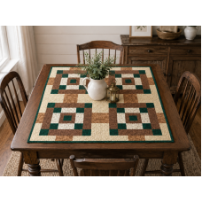 Handmade Machine-Quilted Patchwork Table Topper – Green, Brown & Cream – 32" x 32" Handmade Machine-Quilted Patchwork Table Topper – Green, Brown & Cream – 32" x 32"