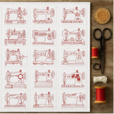 Set of 12 Redwork Sewing Machine Embroidered Quilt Blocks – 9.5" Squares