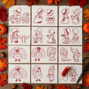 Set of 12 Thanksgiving Redwork Embroidered Quilt Blocks – 9.5" Squares