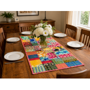 Handmade Machine-Quilted Patchwork Table Runner – Colorful Floral – 17" x 40"