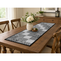 Handmade Machine-Quilted Black & White Patchwork Table Runner – 18" x 52"