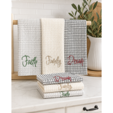 Faith, Family & Dream Embroidered Waffle-Weave Kitchen Towels – Set of 3